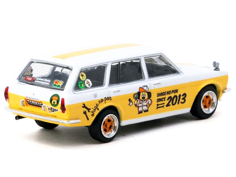 Datsun Bluebird 510 Wagon "Ohige no Pon" White with Orange Stripes and Graphics "Global64" Series 1/64 Diecast Model Car by Tarmac Works view 3