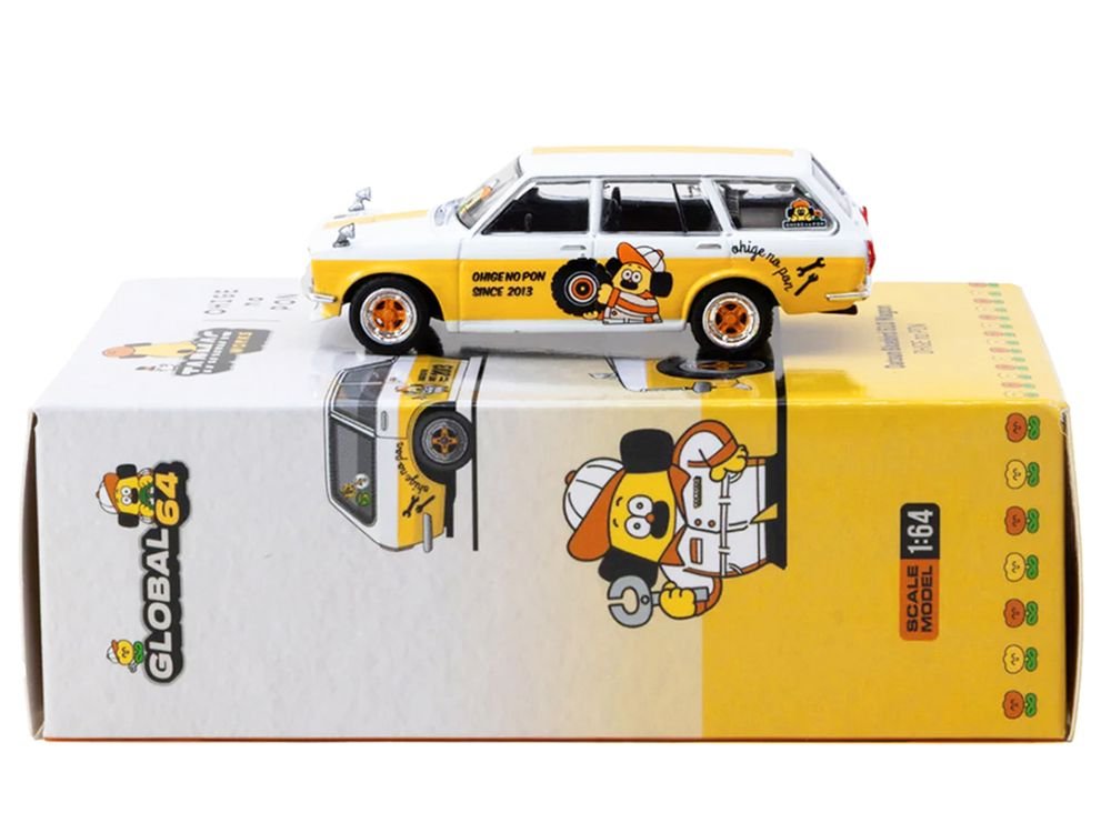 Datsun Bluebird 510 Wagon "Ohige no Pon" White with Orange Stripes and Graphics "Global64" Series 1/64 Diecast Model Car by Tarmac Works view 4