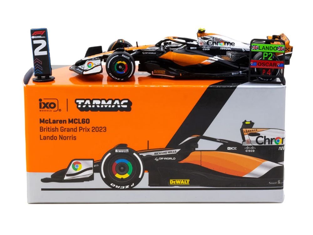 McLaren MCL60 #4 Lando Norris 2nd Place Formula One F1 "British GP" (2023) with Pitboards "Global64" Series 1/64 Diecast Model Car by Tarmac Works view 4