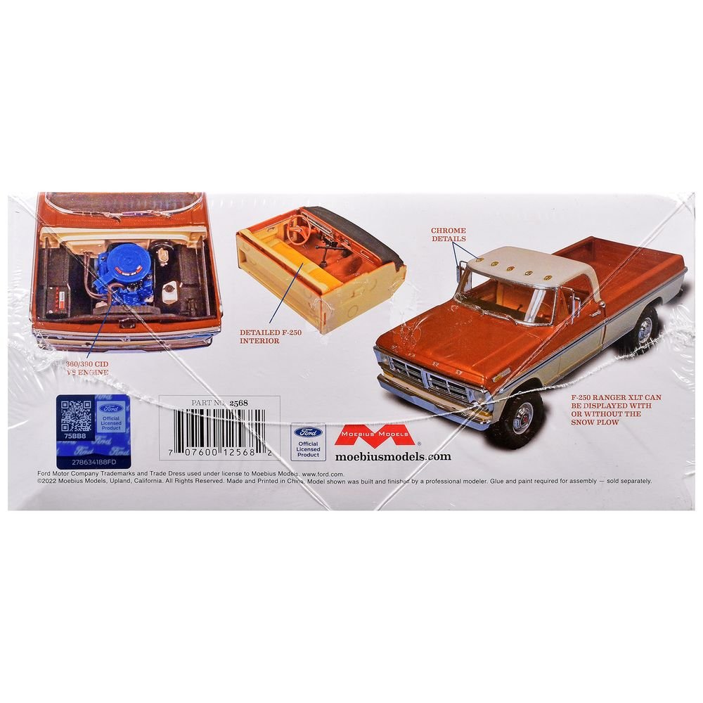Skill 3 Model Kit 1972 Ford F-250 Ranger XLT Pickup Truck with Snow Plow 1/25 Scale Model by Moebius view 2