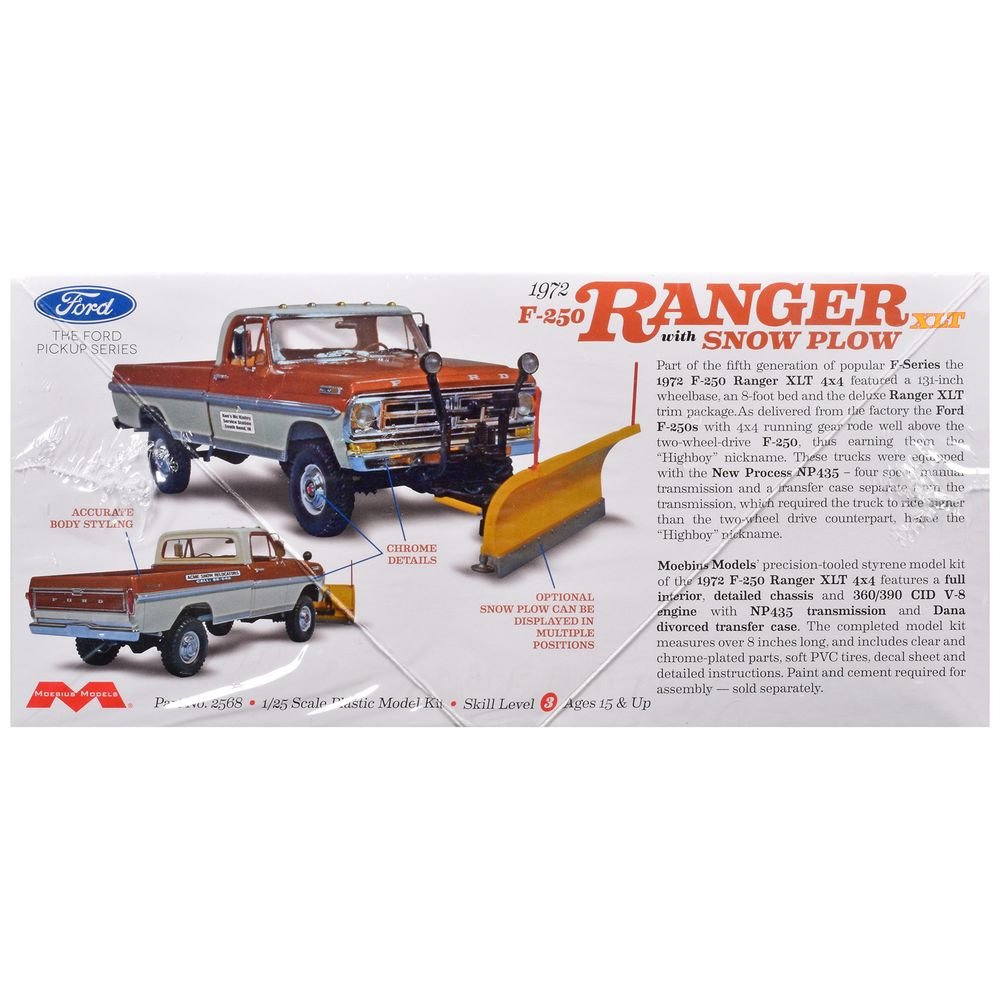 Skill 3 Model Kit 1972 Ford F-250 Ranger XLT Pickup Truck with Snow Plow 1/25 Scale Model by Moebius view 3
