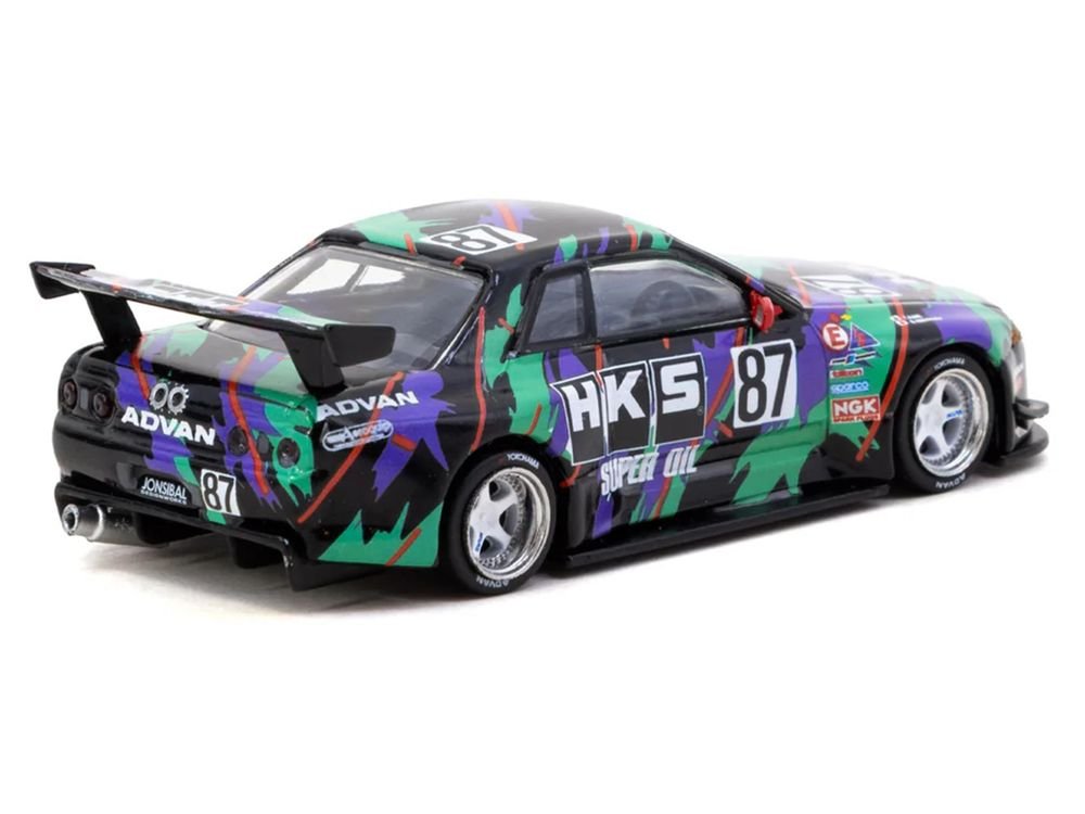 Nissan Skyline (R32) Widebody RHD (Right Hand Drive) #87 "HKS - Designed by Jon Sibal" Black with Graphics with Tarmac Cards "Global64" Series 1/64 Diecast Model Car by Tarmac Works view 2