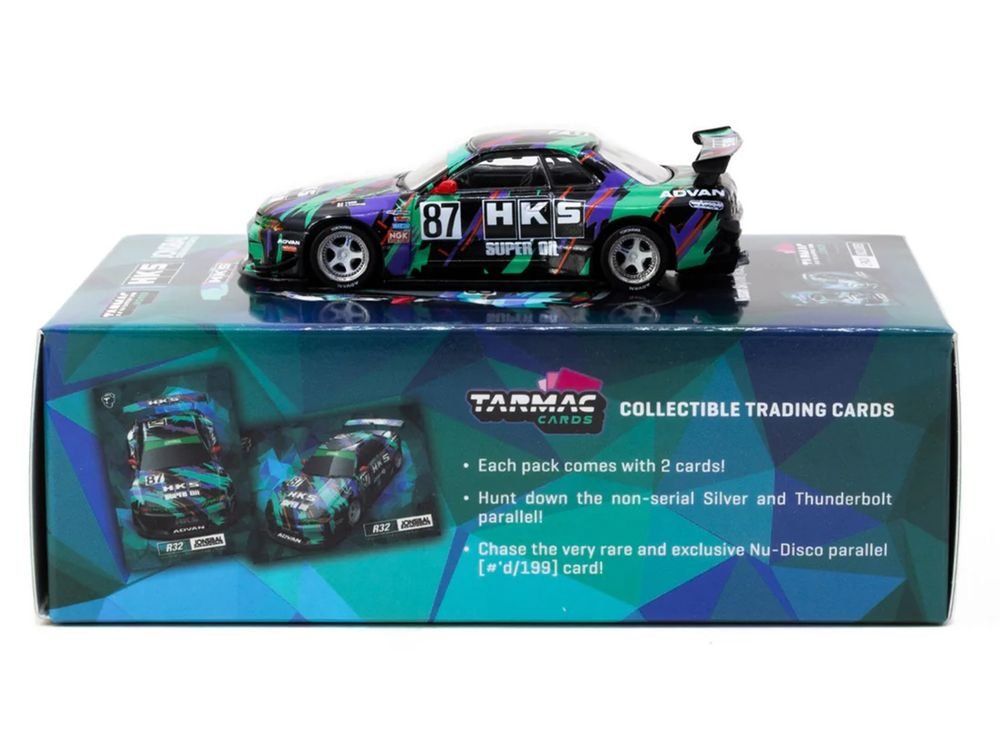 Nissan Skyline (R32) Widebody RHD (Right Hand Drive) #87 "HKS - Designed by Jon Sibal" Black with Graphics with Tarmac Cards "Global64" Series 1/64 Diecast Model Car by Tarmac Works view 3