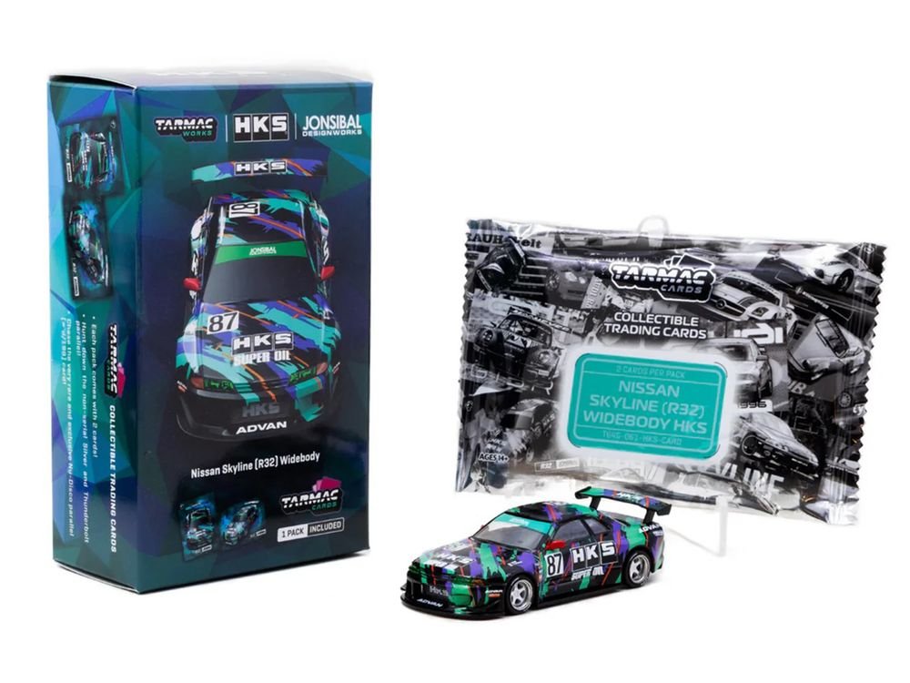 Nissan Skyline (R32) Widebody RHD (Right Hand Drive) #87 "HKS - Designed by Jon Sibal" Black with Graphics with Tarmac Cards "Global64" Series 1/64 Diecast Model Car by Tarmac Works view 4
