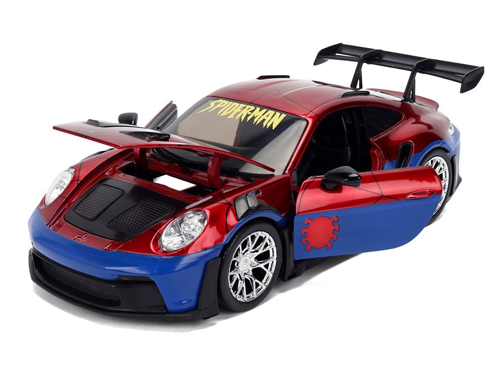 Porsche 911 GT3 RS (992) Red and Blue with Graphics and Spider-Man Diecast Figure "Marvel Spider-Man" "Hollywood Rides" Series 1/24 Diecast Model Car by Jada view 2