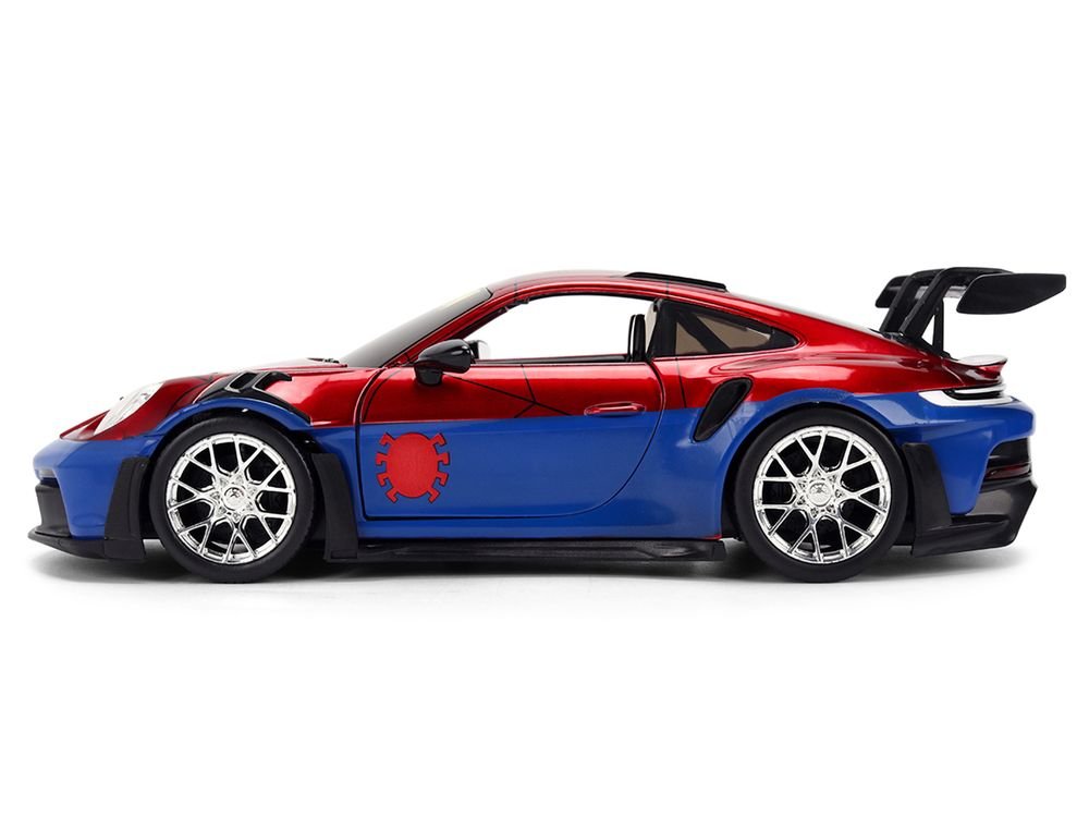 Porsche 911 GT3 RS (992) Red and Blue with Graphics and Spider-Man Diecast Figure "Marvel Spider-Man" "Hollywood Rides" Series 1/24 Diecast Model Car by Jada view 3