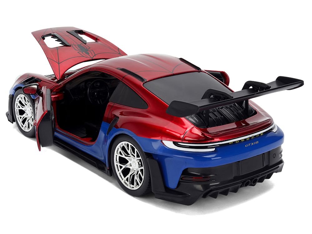Porsche 911 GT3 RS (992) Red and Blue with Graphics and Spider-Man Diecast Figure "Marvel Spider-Man" "Hollywood Rides" Series 1/24 Diecast Model Car by Jada view 4