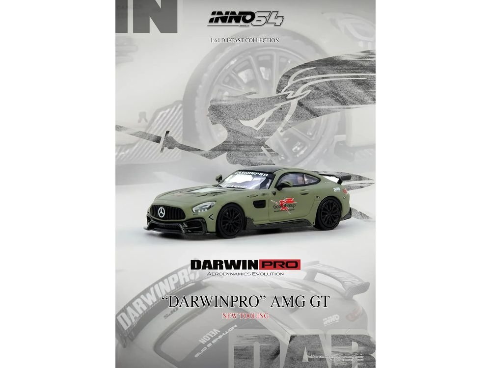 DarwinPRO iMP-Performance AMG GT "Goblin Group" Matt Green with Black Top 1/64 Diecast Model Car by Inno Models view 4