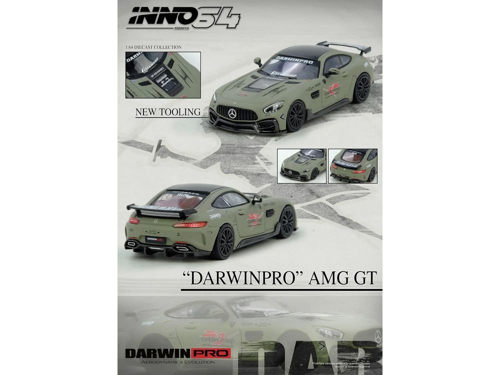DarwinPRO iMP-Performance AMG GT "Goblin Group" Matt Green with Black Top 1/64 Diecast Model Car by Inno Models view 5