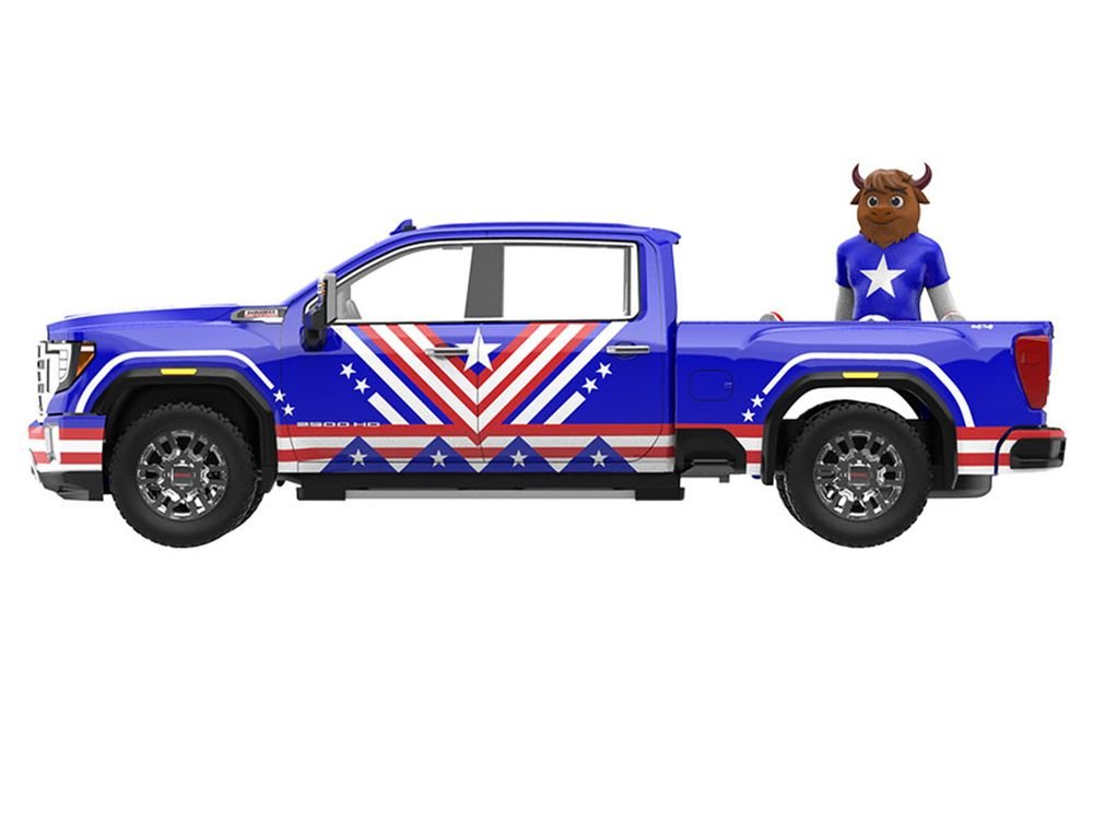 2022 GMC Sierra 3500 HD Pickup Truck Blue with American Soccer Graphics with Bison Figure "International Soccer Celebration '26" Series 1/64 Diecast Model Car by Greenlight view 2