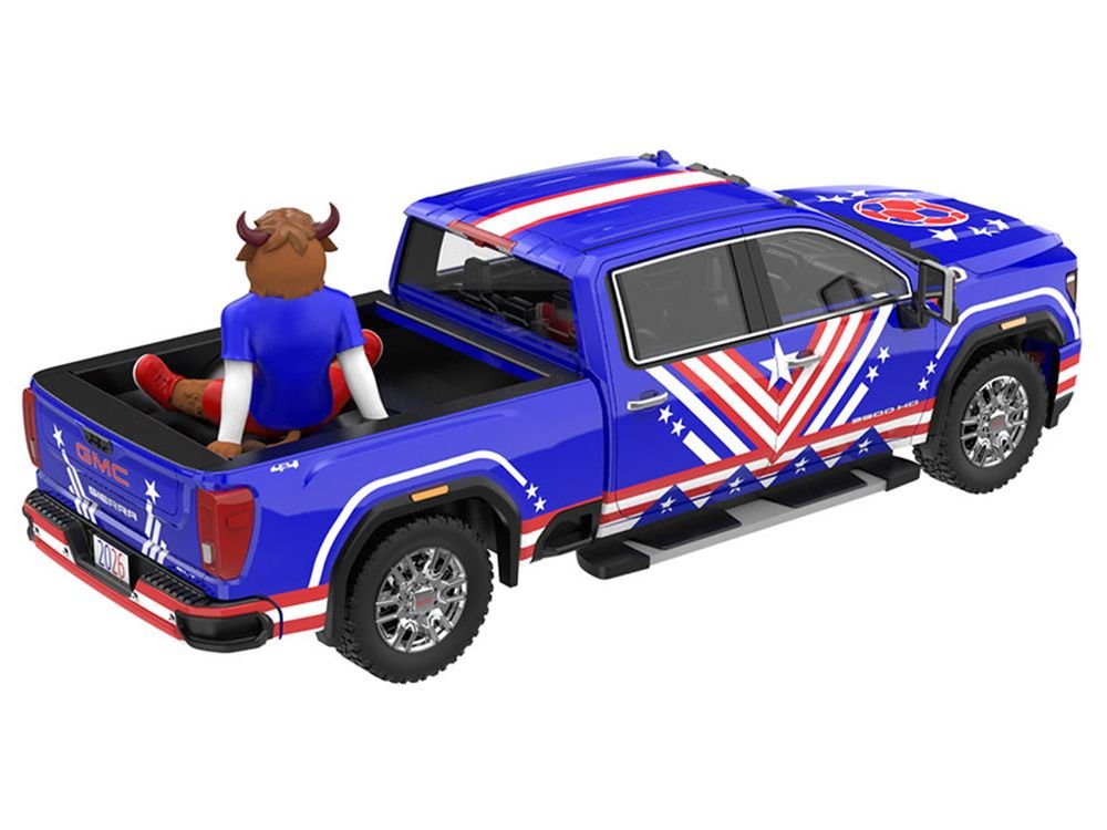 2022 GMC Sierra 3500 HD Pickup Truck Blue with American Soccer Graphics with Bison Figure "International Soccer Celebration '26" Series 1/64 Diecast Model Car by Greenlight view 3