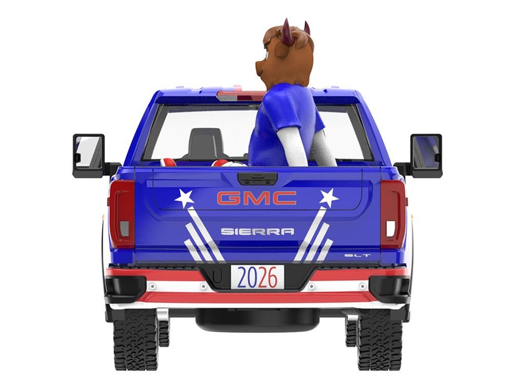 2022 GMC Sierra 3500 HD Pickup Truck Blue with American Soccer Graphics with Bison Figure "International Soccer Celebration '26" Series 1/64 Diecast Model Car by Greenlight view 5