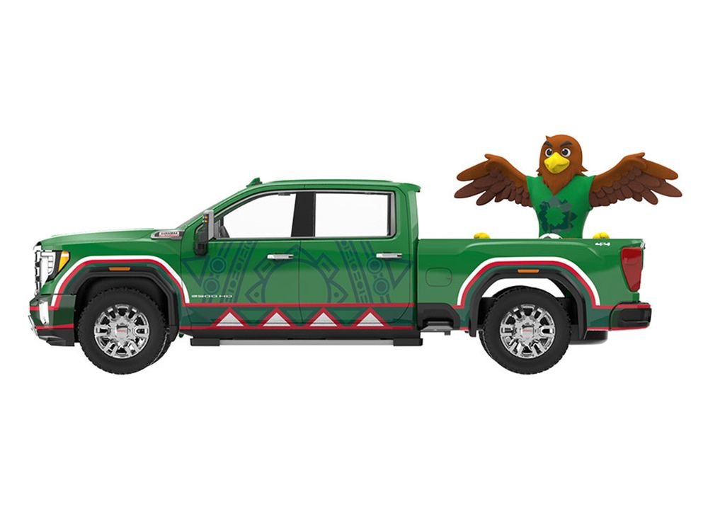 2022 GMC Sierra 3500 HD Pickup Truck Green with Mexican Soccer Graphics with Eagle Figure "International Soccer Celebration '26" Series 1/64 Diecast Model Car by Greenlight view 2