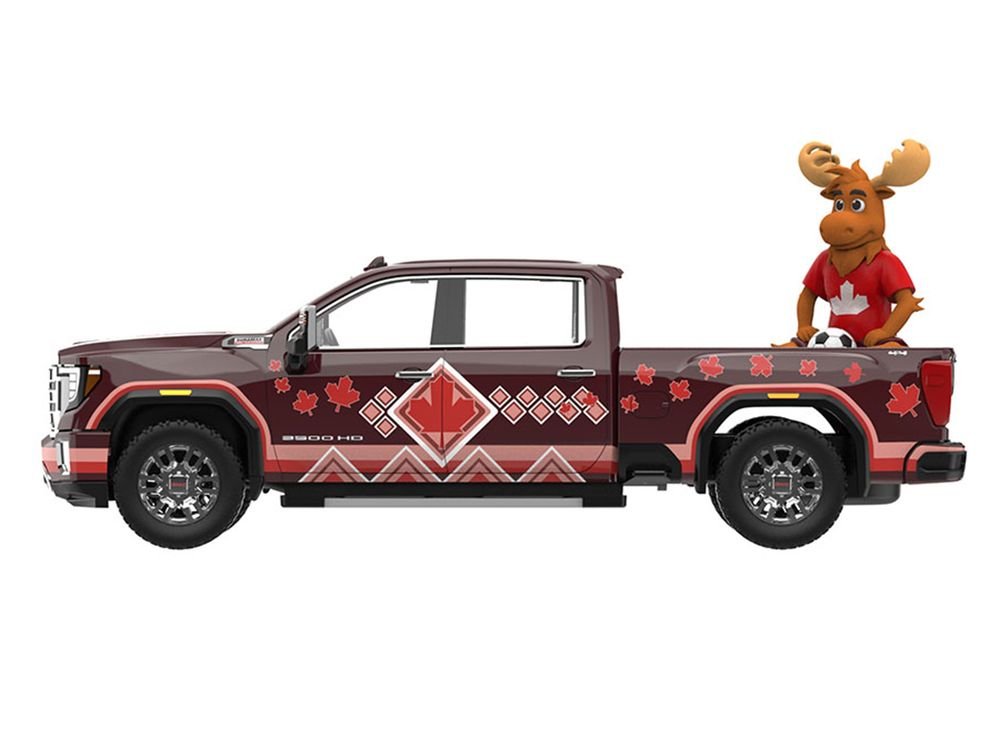 2022 GMC Sierra 3500 HD Pickup Truck Dark Red with Canadian Soccer Graphics with Moose Figure "International Soccer Celebration '26" Series 1/64 Diecast Model Car by Greenlight view 2