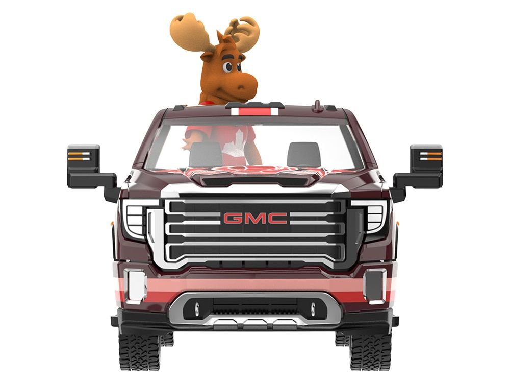 2022 GMC Sierra 3500 HD Pickup Truck Dark Red with Canadian Soccer Graphics with Moose Figure "International Soccer Celebration '26" Series 1/64 Diecast Model Car by Greenlight view 4
