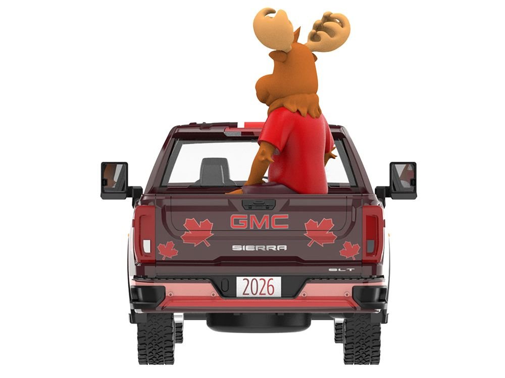 2022 GMC Sierra 3500 HD Pickup Truck Dark Red with Canadian Soccer Graphics with Moose Figure "International Soccer Celebration '26" Series 1/64 Diecast Model Car by Greenlight view 5