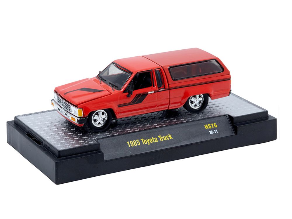 1985 Toyota SR5 Pickup Truck with Camper Shell Red with Black Stripes Limited Edition to 19844 pieces Worldwide 1/64 Diecast Model Car by M2 Machines view 2