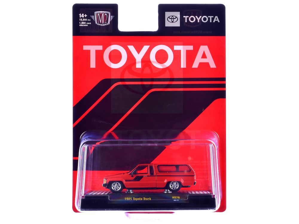 1985 Toyota SR5 Pickup Truck with Camper Shell Red with Black Stripes Limited Edition to 19844 pieces Worldwide 1/64 Diecast Model Car by M2 Machines view 3