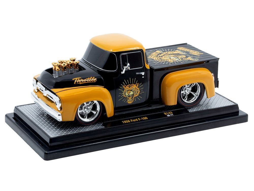 1956 Ford F-100 Pickup Truck "Throttle" Black with Brown Top and Fenders with Graphics Limited Edition to 6250 pieces Worldwide 1/24 Diecast Model Car by M2 Machines view 2