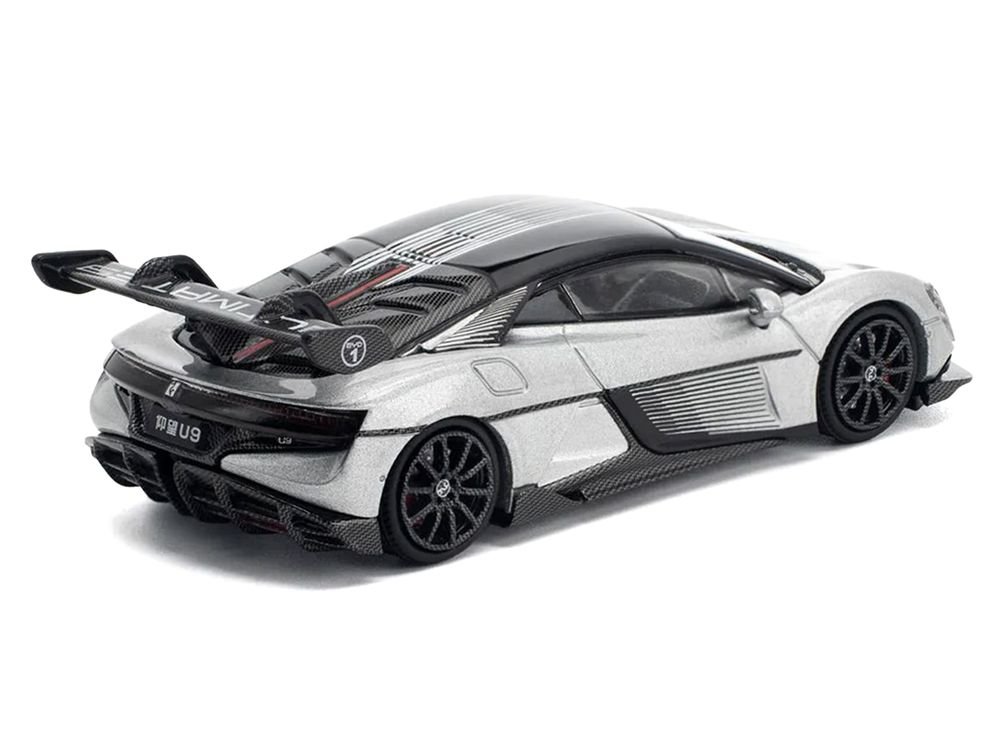 Yangwang U9 Silver Metallic with Black Top and Stripes 1/64 Diecast Model Car by Pop Race view 3