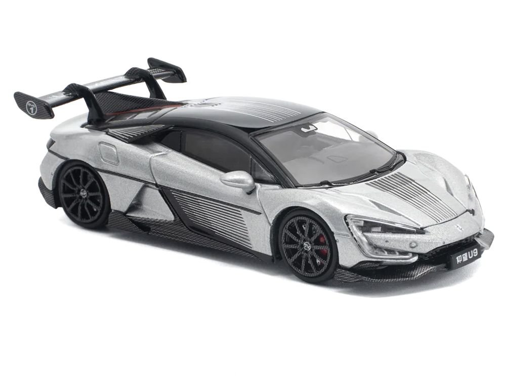 Yangwang U9 Silver Metallic with Black Top and Stripes 1/64 Diecast Model Car by Pop Race view 4