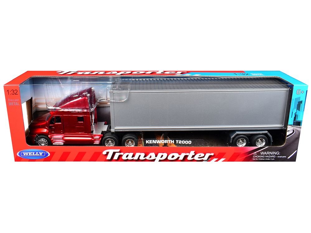 Kenworth T2000 Truck Red Metallic with Gray Container "Transporter" Series 1/32 Diecast Model by Welly view 3