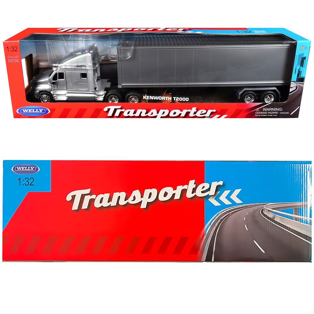 Kenworth T2000 Truck Silver Metallic with Gray Container "Transporter" Series 1/32 Diecast Model by Welly view 3