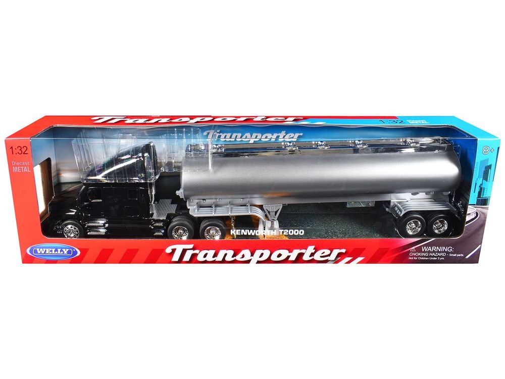 Kenworth T2000 Truck Black with Silver Tanker Trailer "Transporter" Series 1/32 Diecast Model by Welly view 3