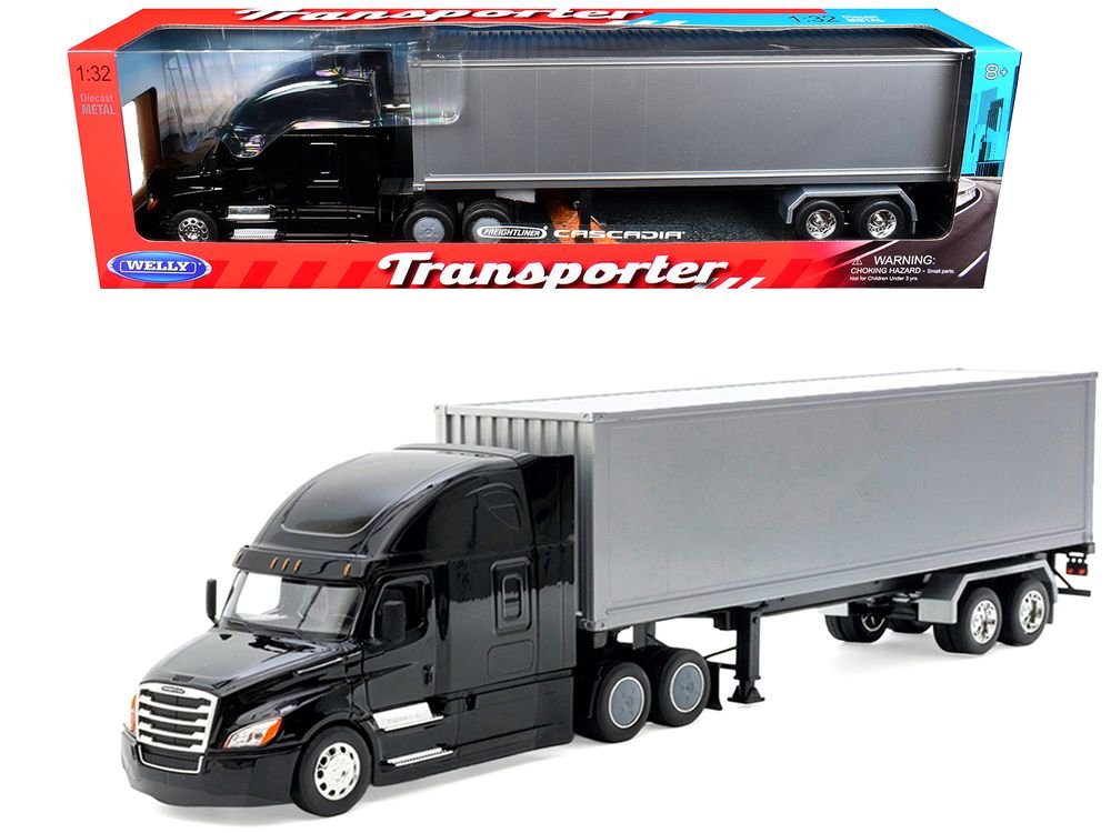 Freightliner Cascadia Truck Black with Silver Container "Transporter" Series 1/32 Diecast Model by Welly