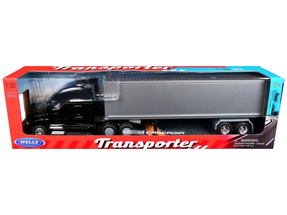 Freightliner Cascadia Truck Black with Silver Container "Transporter" Series 1/32 Diecast Model by Welly view 3
