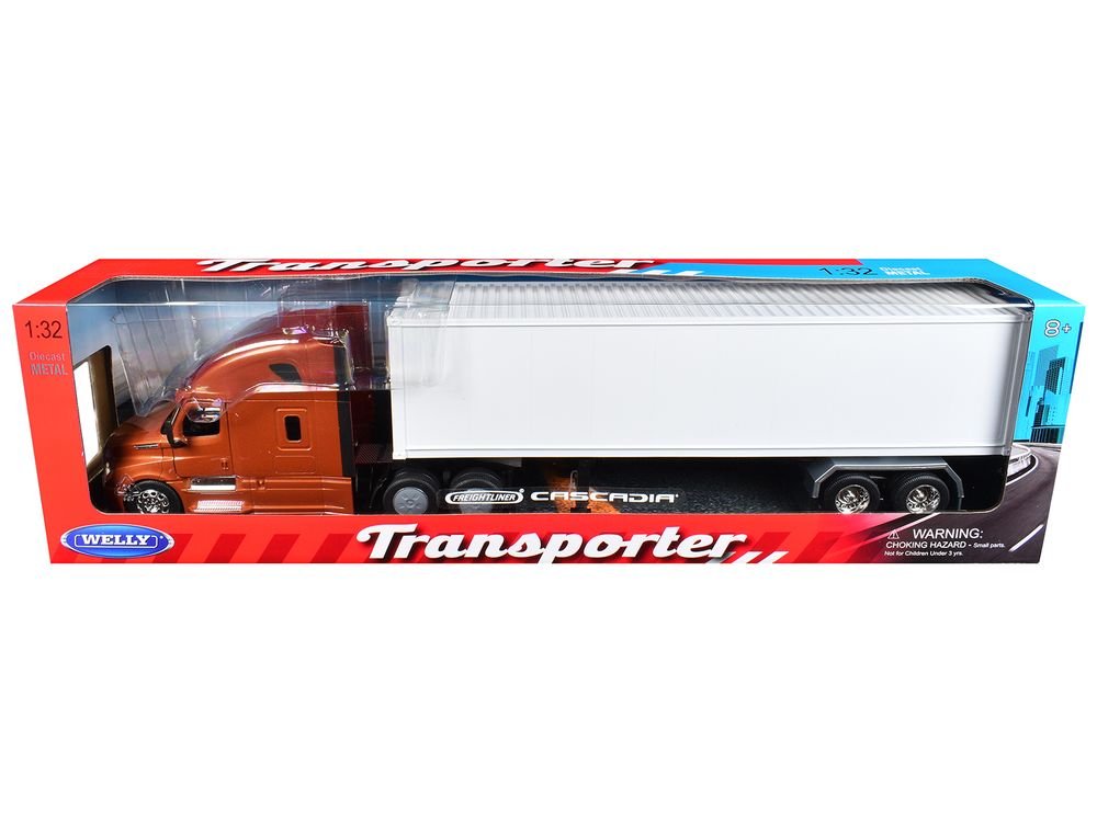 Freightliner Cascadia Truck Bronze Metallic with White Container "Transporter" Series 1/32 Diecast Model by Welly view 3