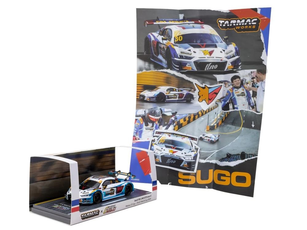 Audi R8 LMS GT3 evo II #30 James Yu "Uno Racing Team" "Macau GT Cup - FIA GT World Cup" (2024) with A4 Poster "Hobby43" Series 1/43 Diecast Model Car by Tarmac Works view 4
