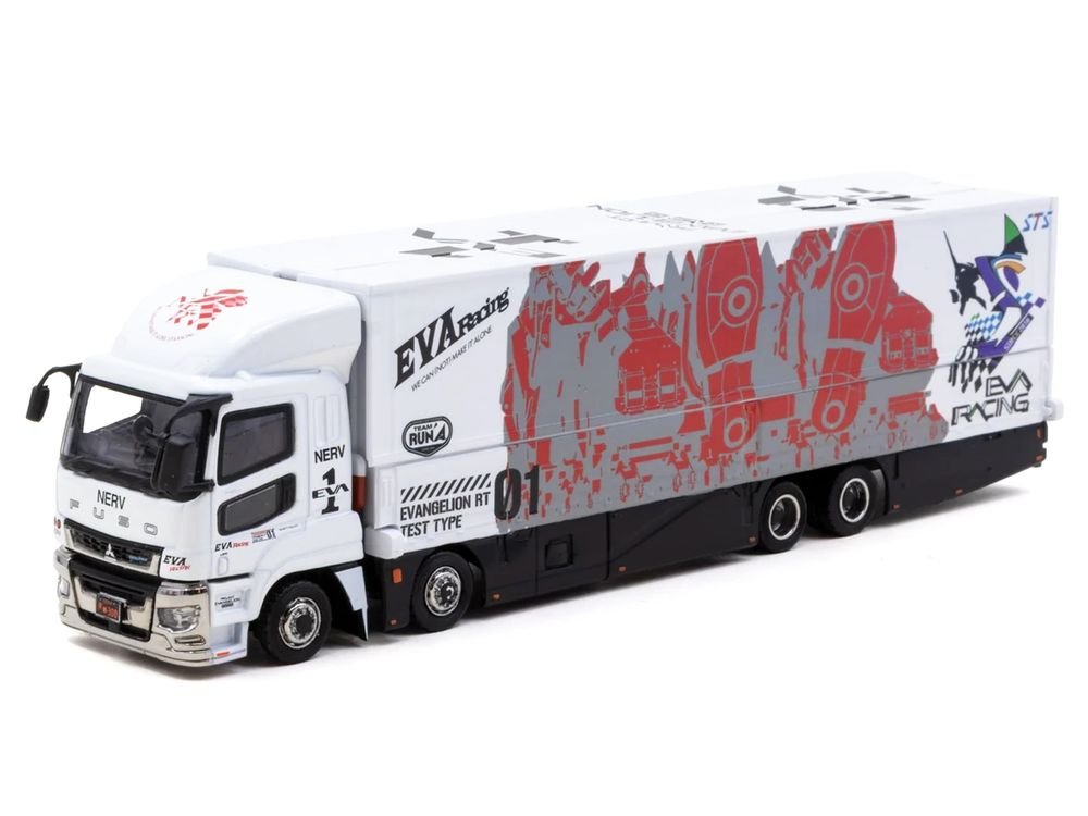 Mitsubishi Fuso Super Great Truck with Transporter "EVA Racing" White with Graphics "Truck64" Series 1/64 Diecast Model Car by Tarmac Works view 2