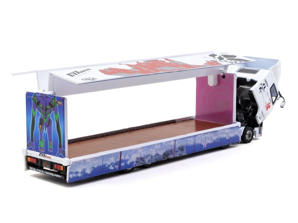Mitsubishi Fuso Super Great Truck with Transporter "EVA Racing" White with Graphics "Truck64" Series 1/64 Diecast Model Car by Tarmac Works view 3