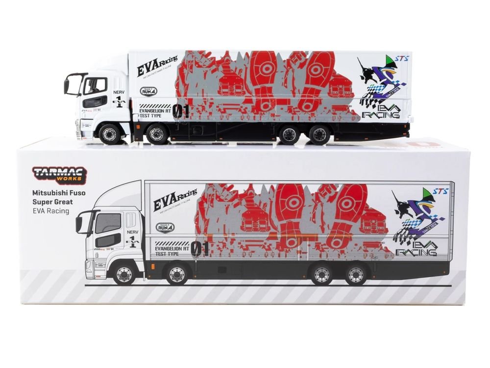 Mitsubishi Fuso Super Great Truck with Transporter "EVA Racing" White with Graphics "Truck64" Series 1/64 Diecast Model Car by Tarmac Works view 4