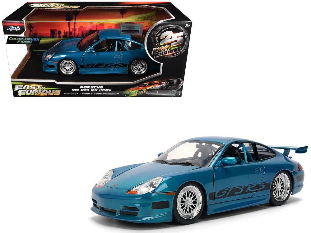 Porsche 911 GT3 RS (996) Blue Color Brush Finish "Fast Five" (2011) Movie "25 Years of Fast & Furious" Series 1/24 Diecast Model Car by Jada