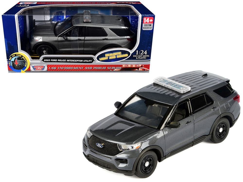 2022 Ford Police Interceptor Utility Dark Gray Metallic "Builder's Kit" with Flashing Light Bar and Front and Rear Lights and Sounds 1/24 Diecast Model Car by Motormax