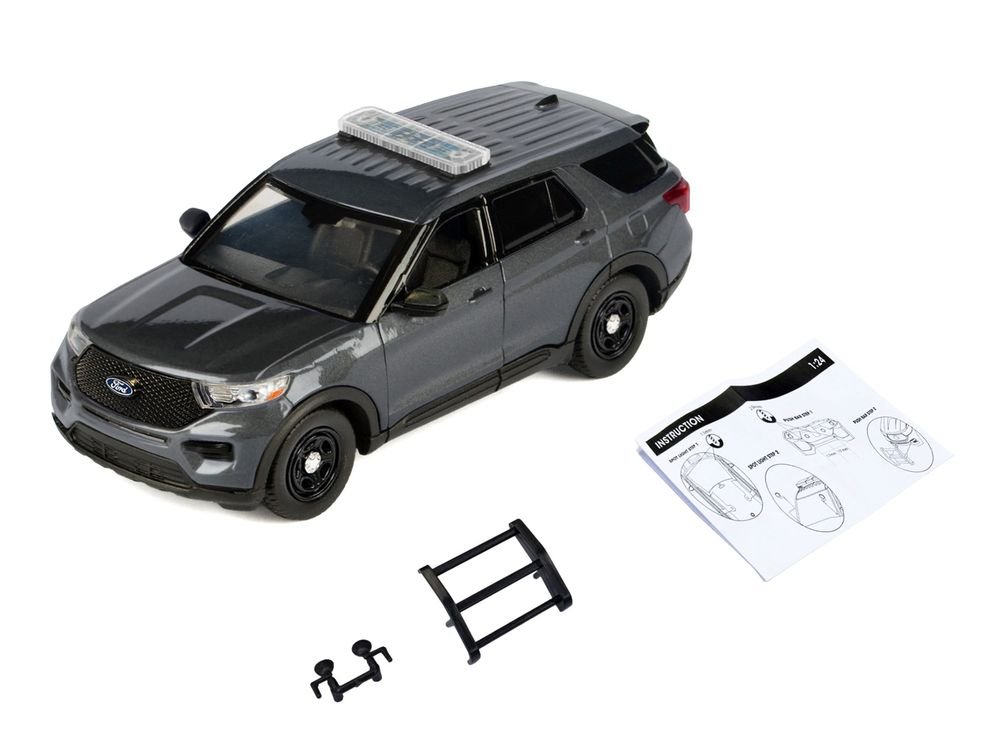 2022 Ford Police Interceptor Utility Dark Gray Metallic "Builder's Kit" with Flashing Light Bar and Front and Rear Lights and Sounds 1/24 Diecast Model Car by Motormax view 2