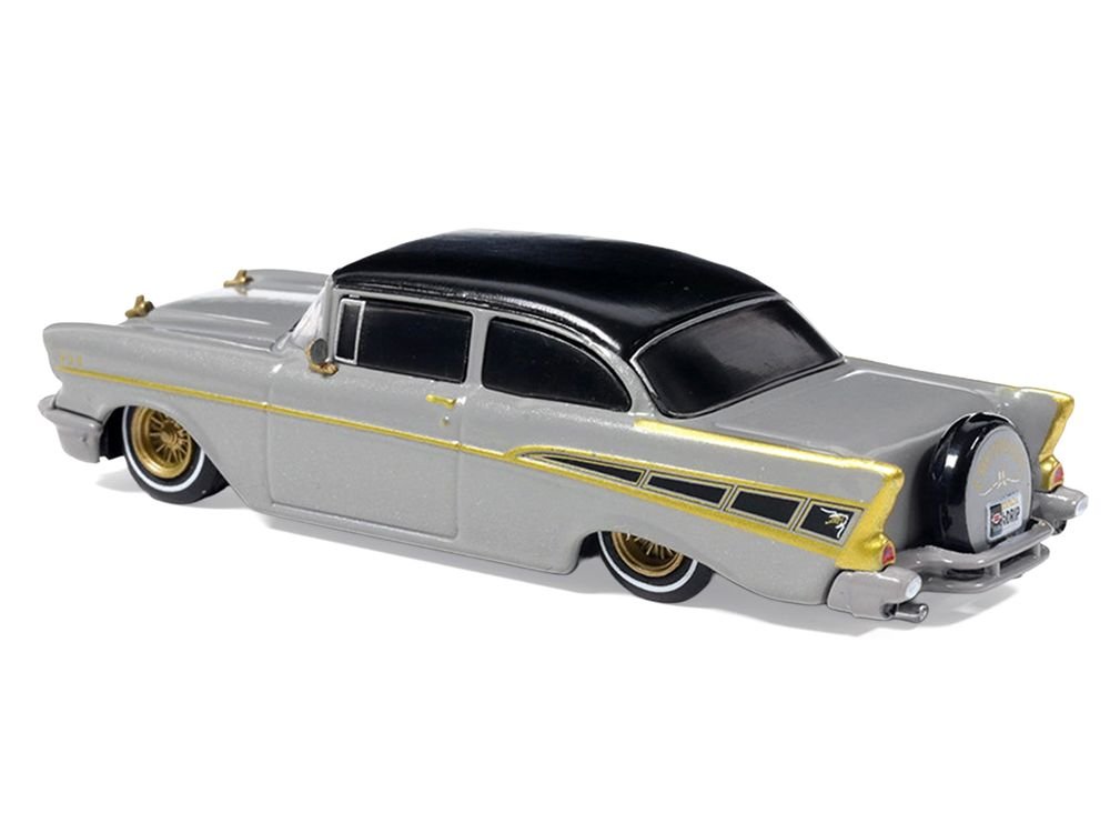 1957 Chevrolet Bel Air Lowrider Gray with Black Top and Gold Accents 1/64 Diecast Model Car by IXO Models view 3