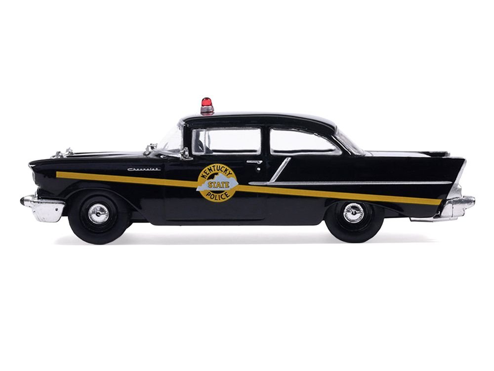 1957 Chevrolet One-Fifty Police Car "Kentucky State Police" Black with Yellow Stripes 1/64 Diecast Model Car by IXO Models view 2