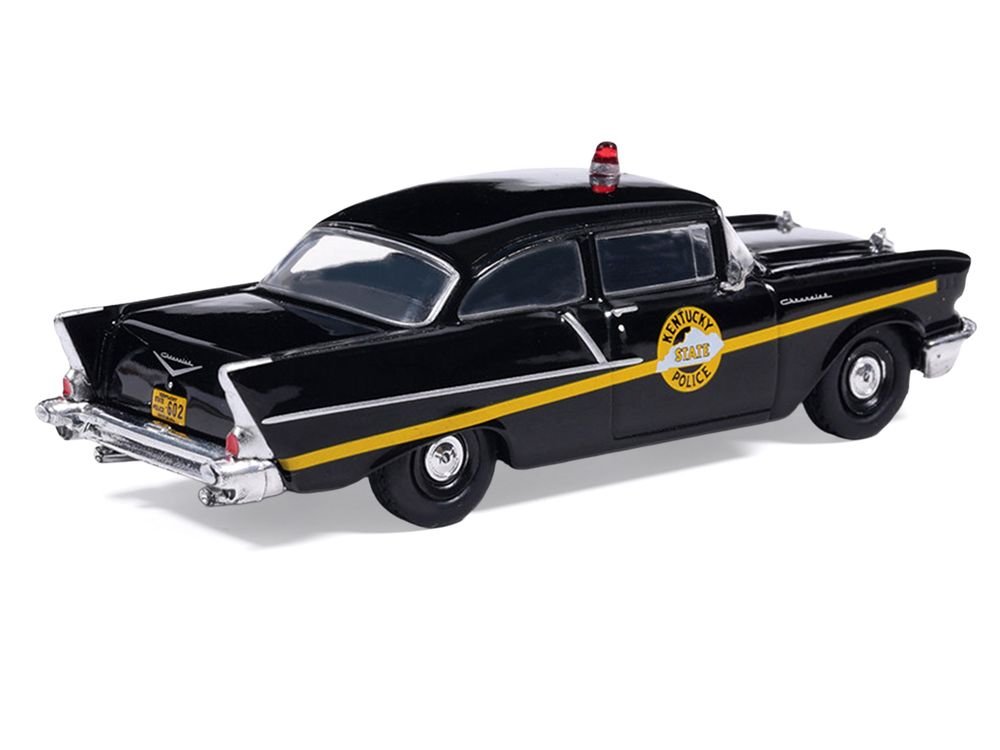1957 Chevrolet One-Fifty Police Car "Kentucky State Police" Black with Yellow Stripes 1/64 Diecast Model Car by IXO Models view 3