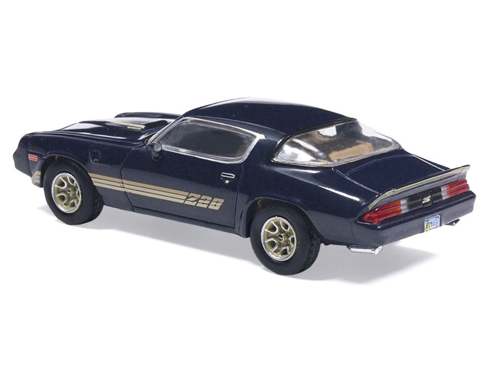 1981 Chevrolet Camaro Z28 Dark Blue Metallic with Gold Stripes and Interior 1/64 Diecast Model Car by IXO Models view 3