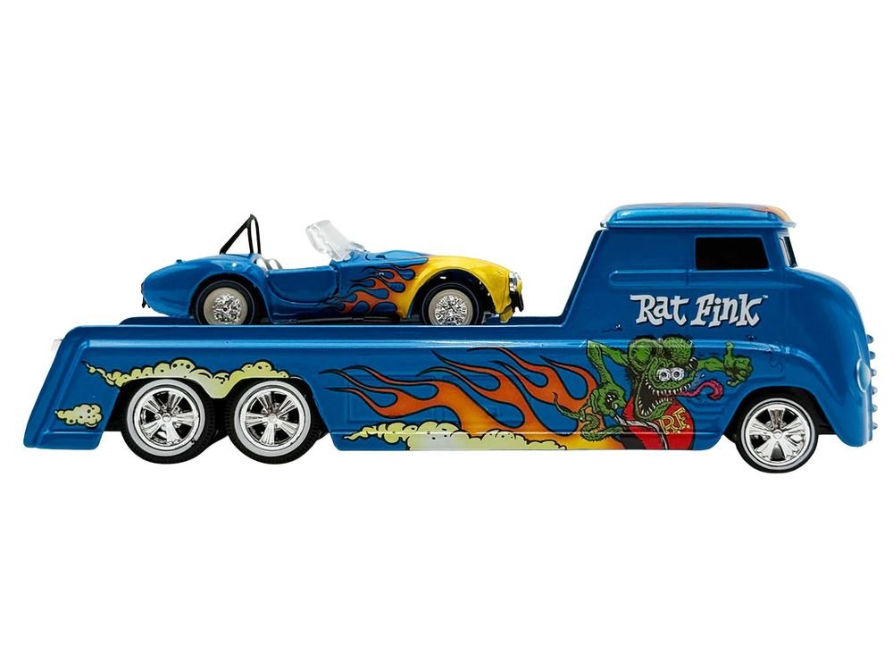 Shelby Cobra Super Snake Blue Metallic with Flames and Custom "Rat Fink" Hauler Blue Metallic with Flames and Graphics 1/64 Diecast Model Cars by ACME view 2