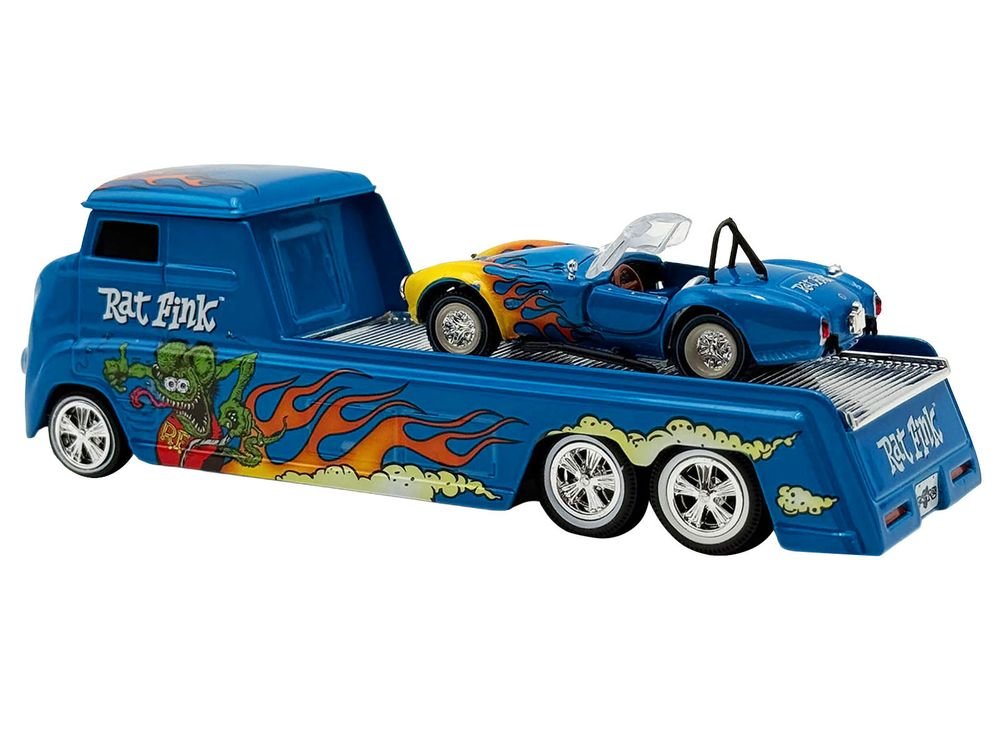 Shelby Cobra Super Snake Blue Metallic with Flames and Custom "Rat Fink" Hauler Blue Metallic with Flames and Graphics 1/64 Diecast Model Cars by ACME view 3