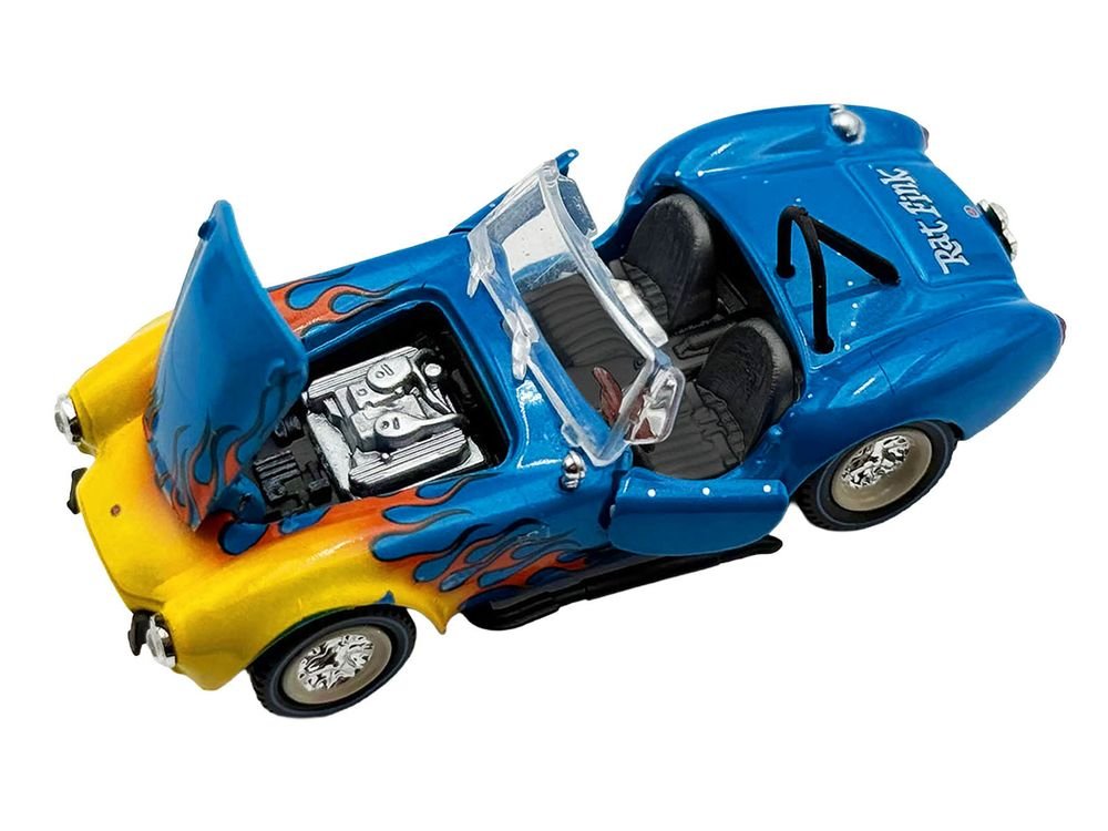 Shelby Cobra Super Snake Blue Metallic with Flames and Custom "Rat Fink" Hauler Blue Metallic with Flames and Graphics 1/64 Diecast Model Cars by ACME view 4