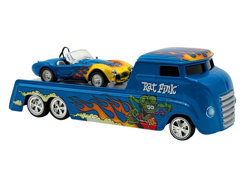 Shelby Cobra Super Snake Blue Metallic with Flames and Custom "Rat Fink" Hauler Blue Metallic with Flames and Graphics 1/64 Diecast Model Cars by ACME view 5