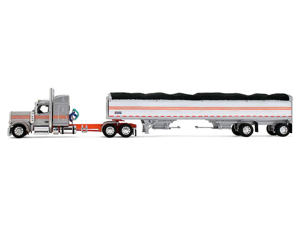 Peterbilt 589 with 58" Mid-Roof Sleeper and 50' Wilson Pacesetter Grain Trailer Silver Metallic with Orange Stripes 1/64 Diecast Model by DCP/First Gear view 2