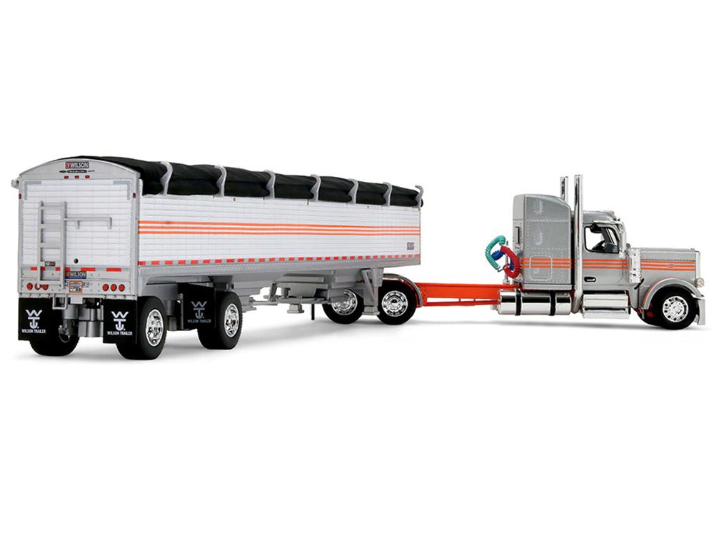 Peterbilt 589 with 58" Mid-Roof Sleeper and 50' Wilson Pacesetter Grain Trailer Silver Metallic with Orange Stripes 1/64 Diecast Model by DCP/First Gear view 3