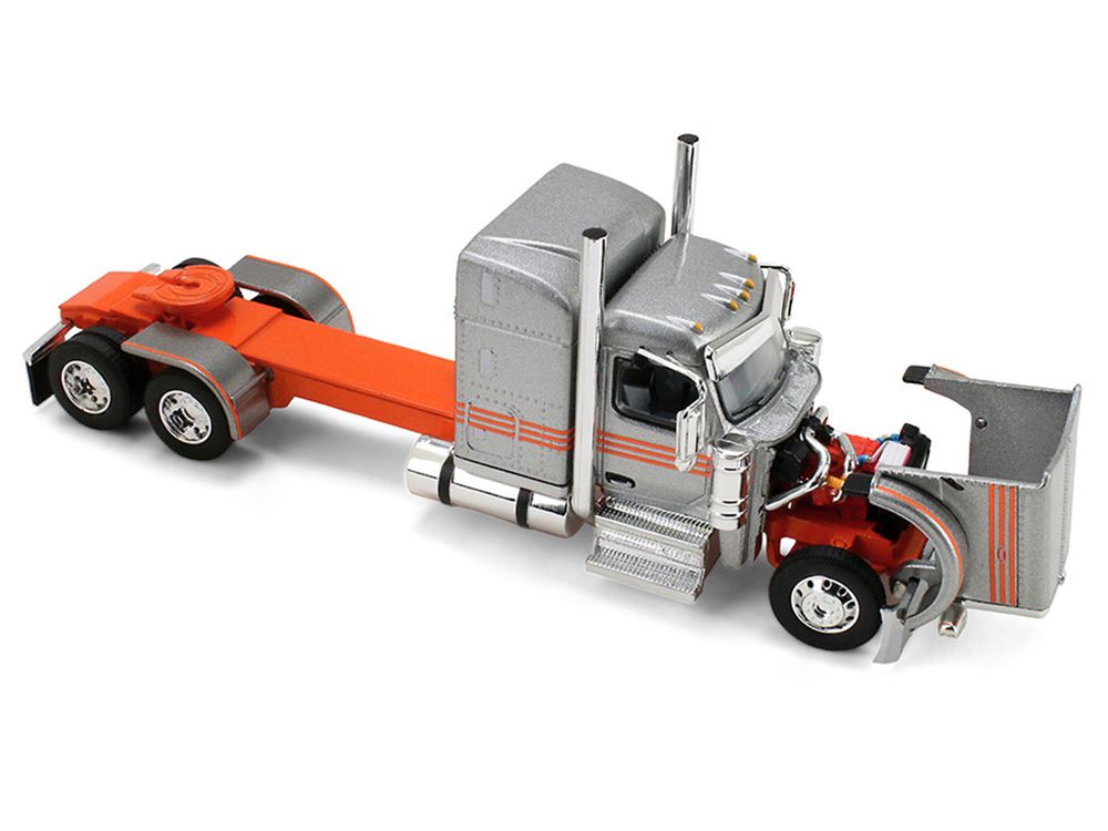 Peterbilt 589 with 58" Mid-Roof Sleeper and 50' Wilson Pacesetter Grain Trailer Silver Metallic with Orange Stripes 1/64 Diecast Model by DCP/First Gear view 4