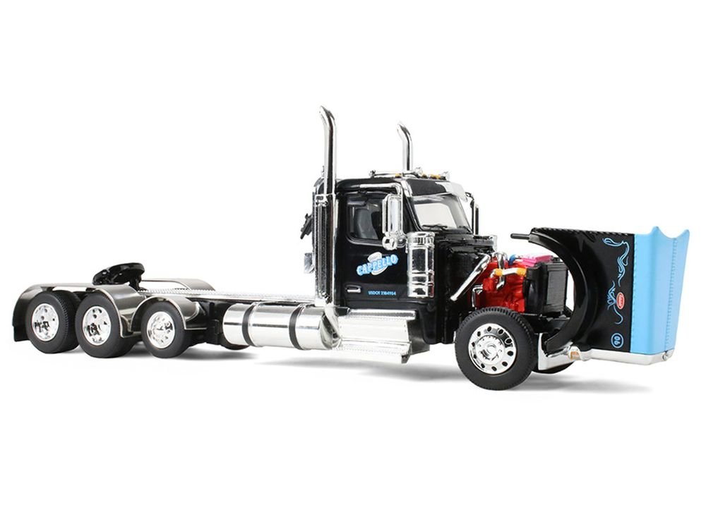 Peterbilt 589 Day Cab and Fontaine Renegade LXT40 Lowboy Trailer with Fliptail "Cappello Heavy Transport" Black with Light Blue Hood 1/64 Diecast Model by DCP/First Gear view 2